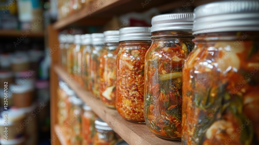 Close-up image of fermented Chinese cabbage kimchi asian cuisine, fermented vegetables, probiotics, healthy eating, diet food. Close-up image of fermented Chinese cabbage kimchi asian cuisine, fermented vegetables, probiotics, healthy eating, diet food.