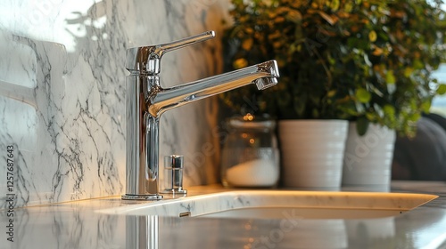 Modern faucet over marble sink, houseplants, interior design photo