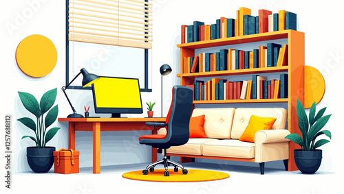 A cozy and stylish home office with books, plants, and a computer setup. Perfect for remote work, productivity, and work-from-home concepts.