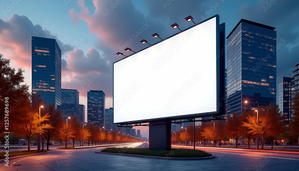 Large Blank Billboard in Vibrant Urban Cityscape – Illuminated Advertising Display with Modern Skyscrapers, Autumn Trees, and Twilight Sky – Perfect for Mockups & Branding Large Blank Billboard in Vibrant Urban Cityscape – Illuminated Advertising Display with Modern Skyscrapers, Autumn Trees, and Twilight Sky – Perfect for Mockups & Branding