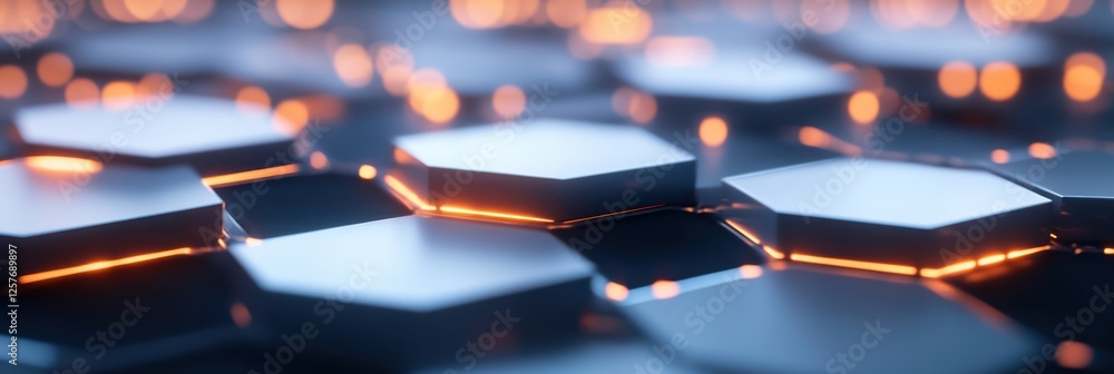 Fototapeta premium Abstract futuristic technology background with glowing hexagons and light effects on a dark blue, white, and orange color palette.
