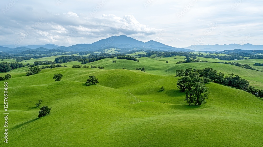 Panoramic view of rolling green hills. Aerial shot of a landscape Panoramic view of rolling green hills. Aerial shot of a landscape
