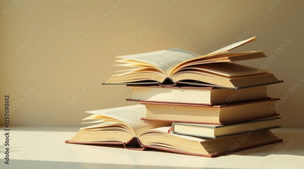 A stack of open and closed books bathed in warm sunlight, suggesting a quiet moment of reading and reflection, ideal for educational or literary themes. A stack of open and closed books bathed in warm sunlight, suggesting a quiet moment of reading and reflection, ideal for educational or literary themes.