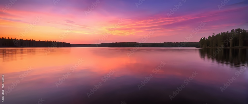 Vividly colored dawn sky blending with the quiet waters of a lake inviting tranquility and the promise of a beautiful new day ahead Vividly colored dawn sky blending with the quiet waters of a lake inviting tranquility and the promise of a beautiful new day ahead