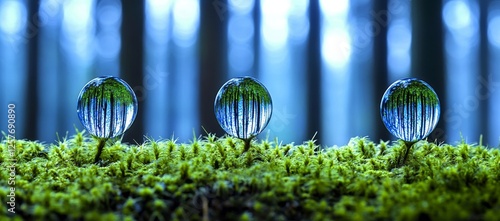 Im Wald schweben Tropfen Regen, die die morgentliche Stimmung unter dem Strahl der Sonne feiern, mit glitzernden Sommerfarben und dem Frühlingsspruch, frisch und lebendig, fließt Feuchtigkeit durch