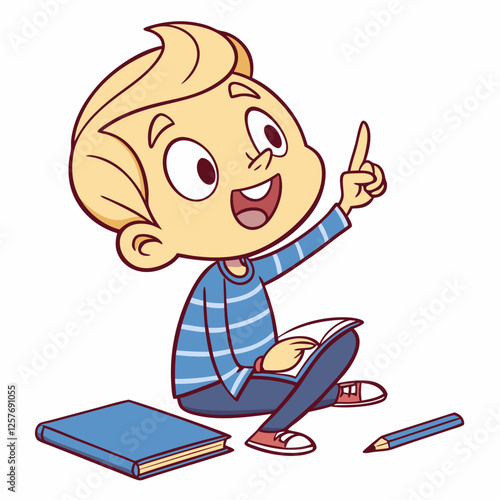 Joyful Young Boy Reading and Pointing an Idea