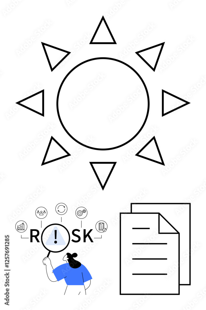 Sun with geometric rays, documents stack, person using magnifier to analyze risks. Ideal for audits, safety, management, strategy, decision-making, analytics creative abstract line flat metaphor Sun with geometric rays, documents stack, person using magnifier to analyze risks. Ideal for audits, safety, management, strategy, decision-making, analytics creative abstract line flat metaphor