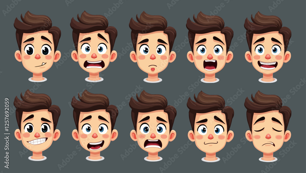 A set of expressive male character faces showing different emotions. Perfect for animation, comics, and digital storytelling. A set of expressive male character faces showing different emotions. Perfect for animation, comics, and digital storytelling.