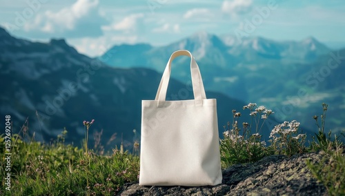 Canvas Tote Bag Against Mountain Range:  A pristine white canvas tote bag stands on a rocky outcrop against the backdrop of a majestic mountain range. photo