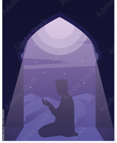 Laylatul Qadr poster, laylat al-Qadr background. Illustration of a Muslim man praying, with beautiful moonlight and stars
