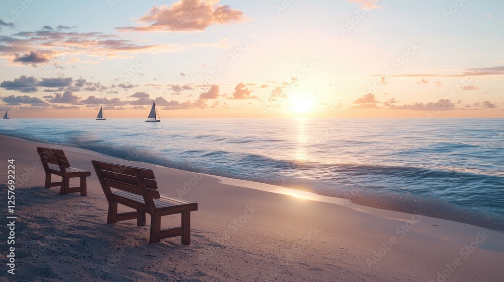 Tranquil Sunset on Tropical Beach with Sailboats Tranquil Sunset on Tropical Beach with Sailboats