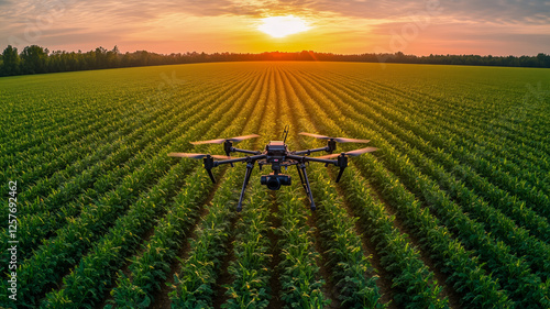 Drone flying over lush green agricultural field at sunset photo