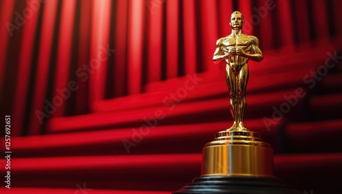 Golden Statuette: A gleaming, gold-plated statuette stands tall on a black pedestal against a backdrop of flowing red velvet curtains.