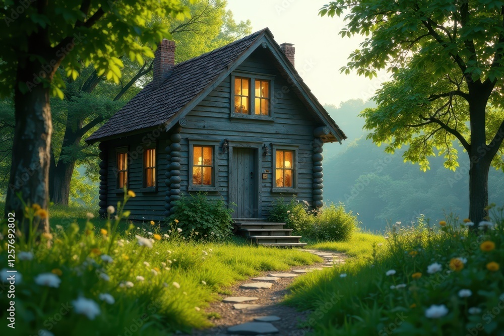 Serene Log Cabin Nestled Amongst Lush Greenery at Sunset, Illuminated Windows, Stone Pathway Serene Log Cabin Nestled Amongst Lush Greenery at Sunset, Illuminated Windows, Stone Pathway