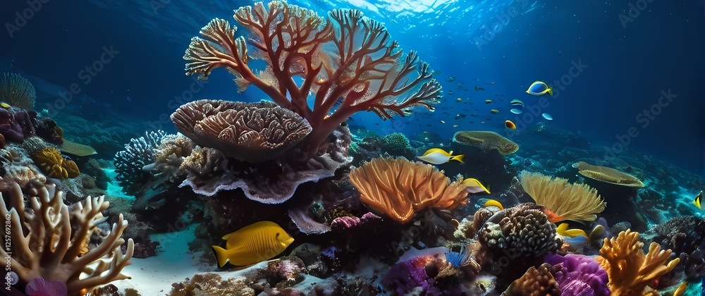 Obraz premium Vibrant closeup of colorful coral reefs teeming with life showcasing the intricate relationship between marine species and their vibrant habitat