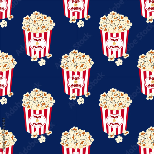Cardboard box of striped popcorn for circus, Luna Park, cinema or movie. Seamless pattern for textile, wrapping paper, background.