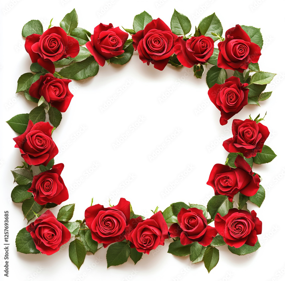 A square frame made of lush red roses and vibrant green leaves, isolated on a white background, perfect for romantic designs. A square frame made of lush red roses and vibrant green leaves, isolated on a white background, perfect for romantic designs.