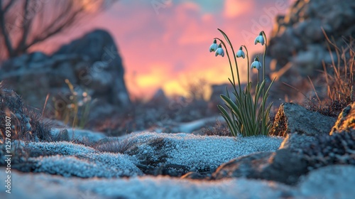 Galanthus Nivalis Snowdrop: Elegant White Flowers Cloaked in Snow photo