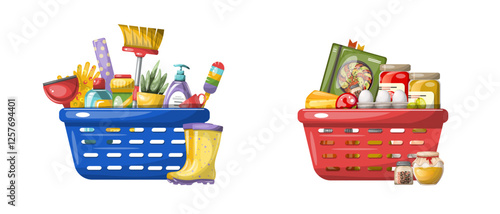 Groceries and cleaning purchases goods in baskets.