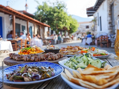 Fototapeta Naklejka Na Ścianę i Meble -  Authentic Cypriot Meze Feast: Traditional Cuisine in a Village Setting