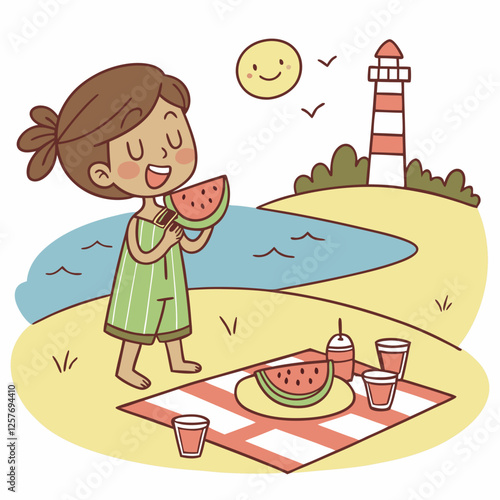 Joyful Summer Picnic by the Sea with Watermelon