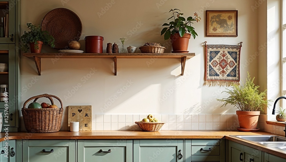 A kitchen with a farmhouse sink, wooden cabinets, and vintage accessories, offering a country feel