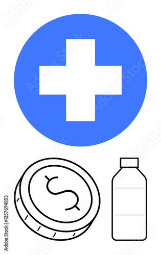 Blue medical cross, black and white coin with dollar sign, black and white medication bottle. Ideal for healthcare, savings plans, medical expenses, pharmaceutical industry, health insurance
