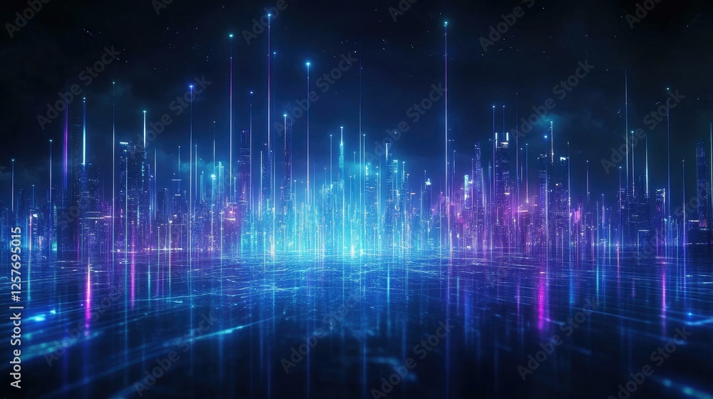 Futuristic Cityscape at Night with Neon Lights and Digital Data Streams Futuristic Cityscape at Night with Neon Lights and Digital Data Streams