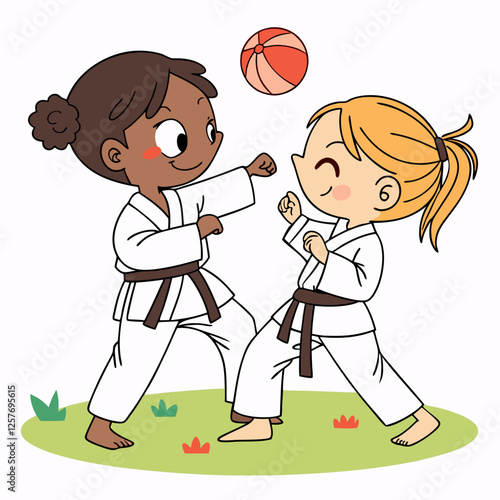 Playful Karate Kids Sparring Outdoors with a Ball