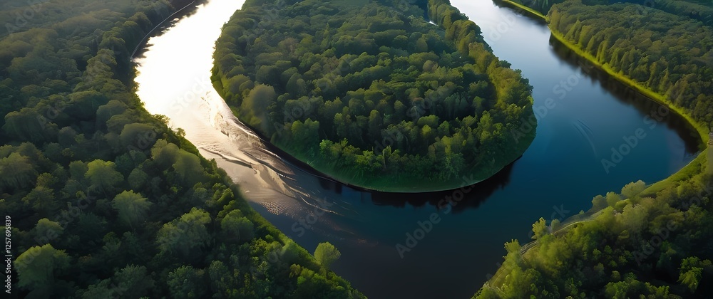 Fototapeta premium Stunning aerial view of a winding river with banks densely lined with lush trees showcasing the serene beauty of transitional landscapes