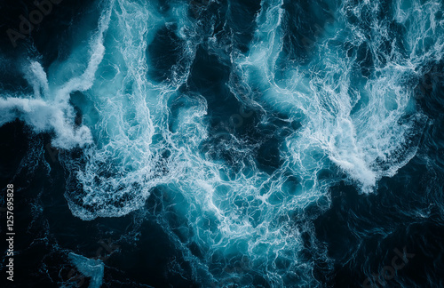 Aerial view of dark blue ocean waves, shot on an Arri Alexa with an anamorphic lens