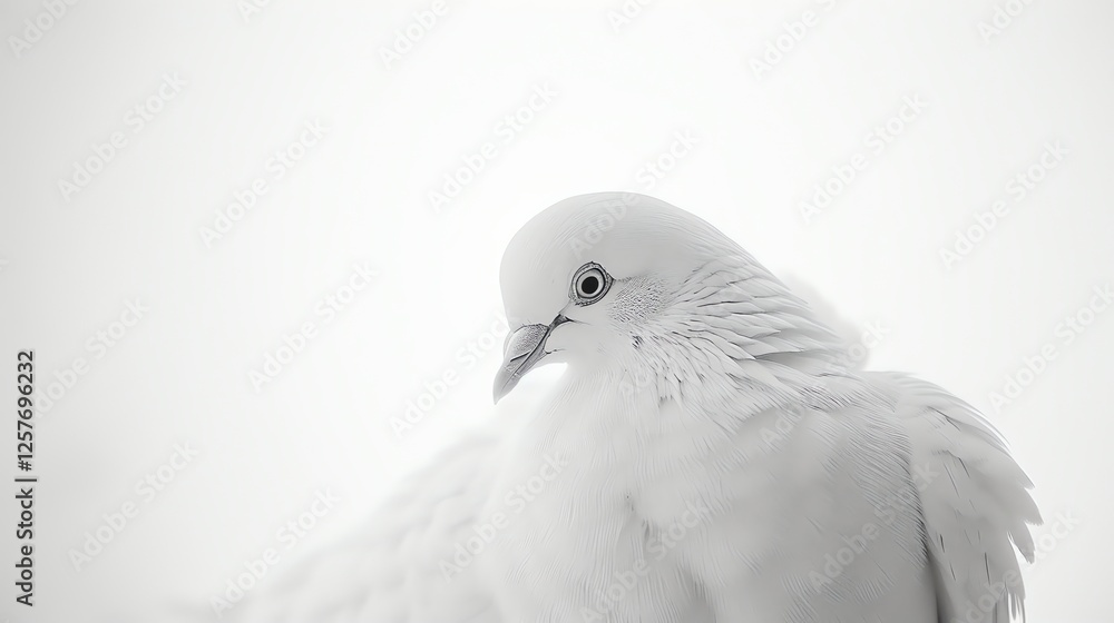 Obraz premium A beautiful close-up of a white dove with a blurred background. The dove is looking to the left of the frame and has a gentle expression on its face.