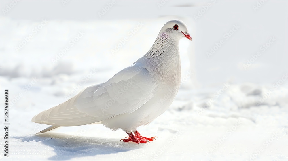 A graceful white dove stands on a snowy rooftop, its feathers glistening in the sunlight. A graceful white dove stands on a snowy rooftop, its feathers glistening in the sunlight.