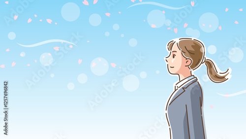 桜が風に舞う中で佇むスーツ姿の女性の横顔