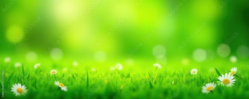 Obraz premium Abstract blurred background of vibrant green grass and scattered daisies , daisy, field