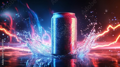 Energy Drink Can in Neon Light Splash photo