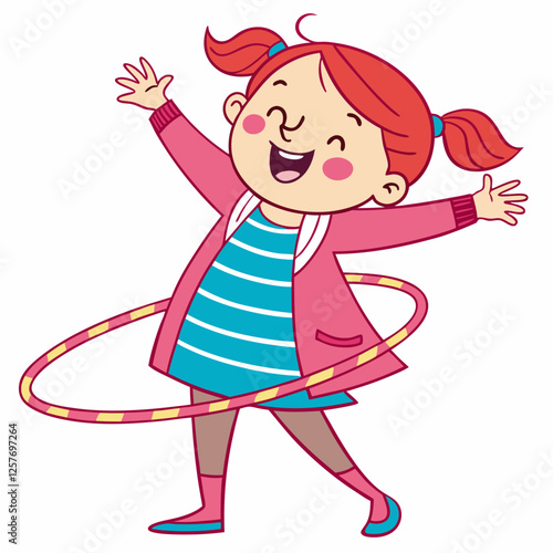 Joyful Girl Playing with Hula Hoop Cheerful Cartoon Illustration