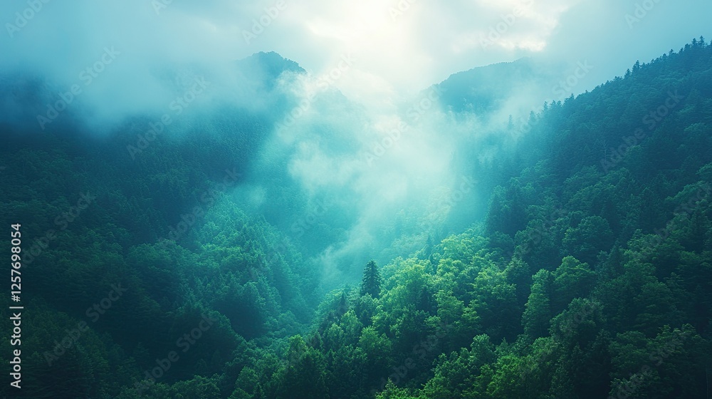 Fototapeta premium Misty Mountains Enveloped in Lush Green Forest