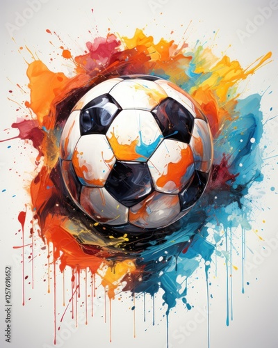 Drawn soccer ball with multicolor paint effect on white background.