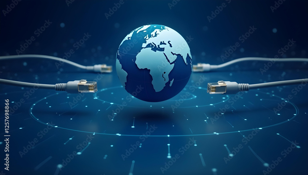 Fototapeta premium Global Connectivity Concept – Floating Globe with Ethernet Cables, Deep Blue Network Background, Futuristic Technology Symbolizing Internet, Data Exchange, and Digital Communication Innovation