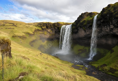 Icelandic Waterfalls: A Serene Landscape of Cascading Water and Mossy Green Hills