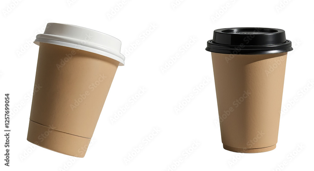 Brown kraft paper coffee cup with white lid tilted on a white surface with soft lighting Brown kraft paper coffee cup with white lid tilted on a white surface with soft lighting