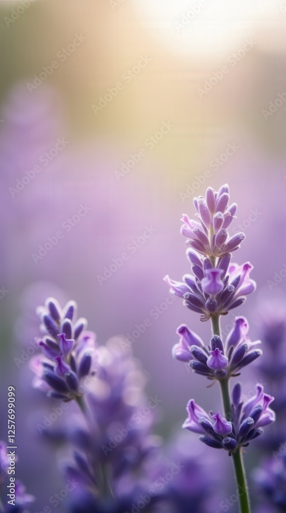 Fototapeta premium Lavender Blooms Illuminated by Sunlight in a Serene Outdoor Setting During Late Afternoon