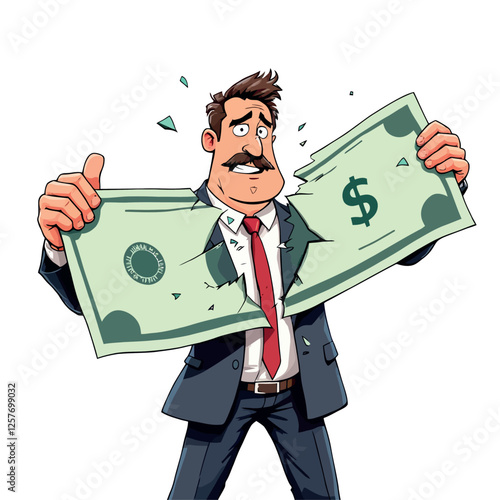 Vsai desperate businessman ripping dollar bill in half, expressing financial loss