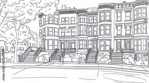 Wallpaper Mural City row houses, tree-lined street, spring day, urban sketch, architectural illustration Torontodigital.ca