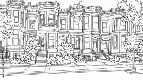 Wallpaper Mural Row houses, city street, summer day, leafy trees, architectural illustration, real estate Torontodigital.ca