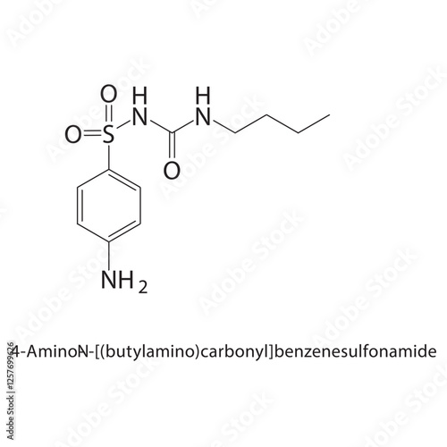 4-Amino-N-[(butylamino)- carbonyl]benzenesulfonamide skeletal structure.Sulfonamide compound schematic illustration. Simple diagram, chemical structure.