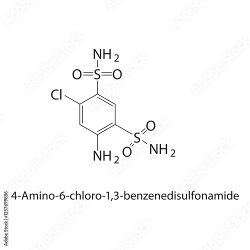 4-Amino-6-chloro-1,3- benzenedisulfonamide skeletal structure.Sulfonamide compound schematic illustration. Simple diagram, chemical structure.