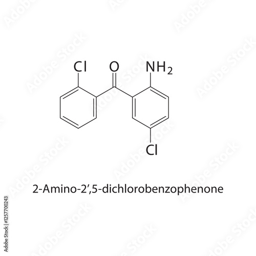 2-Amino-2’,5-dichlorobenzophenone skeletal structure.Benzophenone derivative compound schematic illustration. Simple diagram, chemical structure.