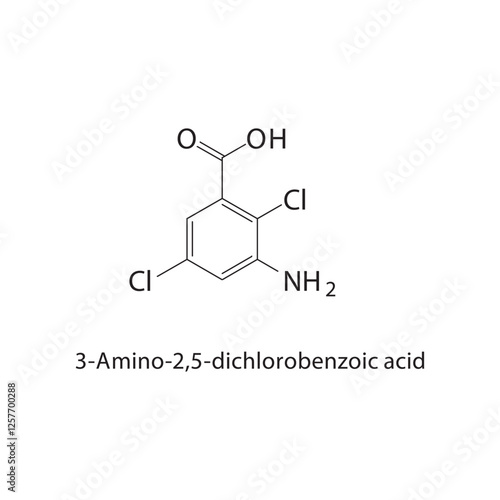 3-Amino-2,5-dichlorobenzoic acid skeletal structure.Aromatic acid compound schematic illustration. Simple diagram, chemical structure.